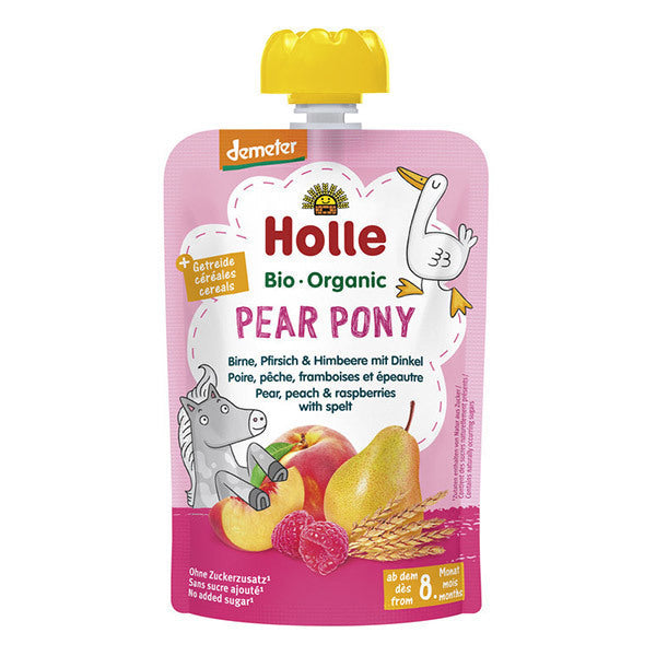 Holle Gourde Bio Pear Pony - Poire, pêche, framboise et épeautre - 100g dès 8 mois